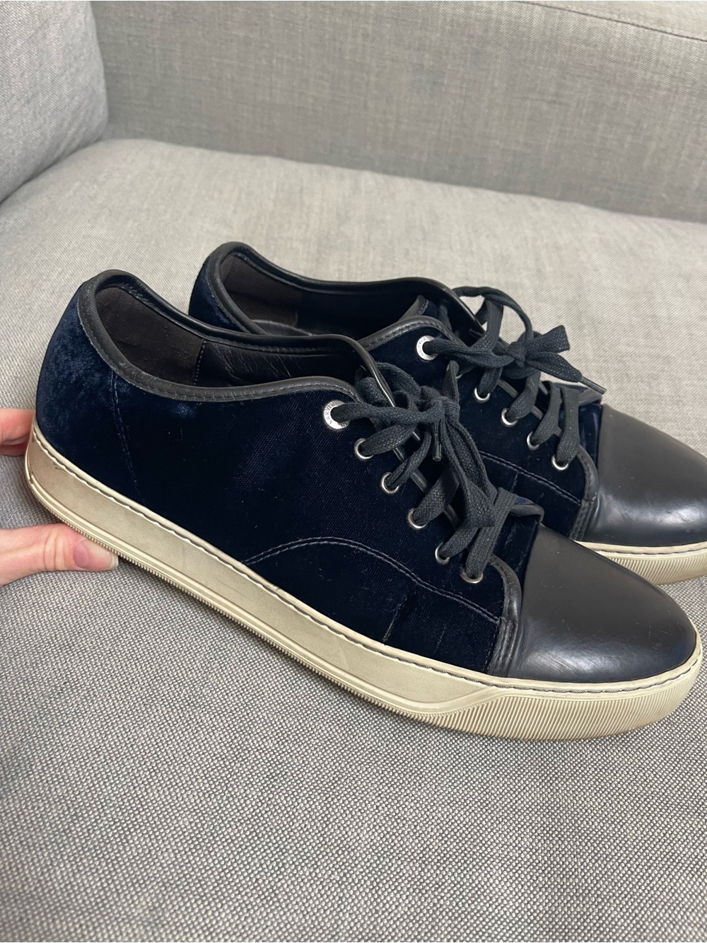Lanvin Navy Velvet Low-Top Sneakers with Black Toe Cap